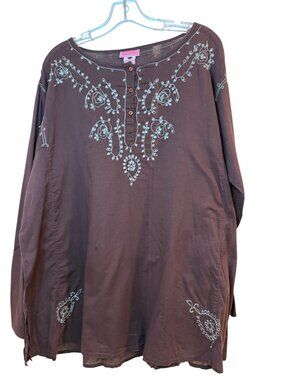 She's Cool 2X Embroidered Brown Tunic Top Long Sleeve Lightweight Boho Chic